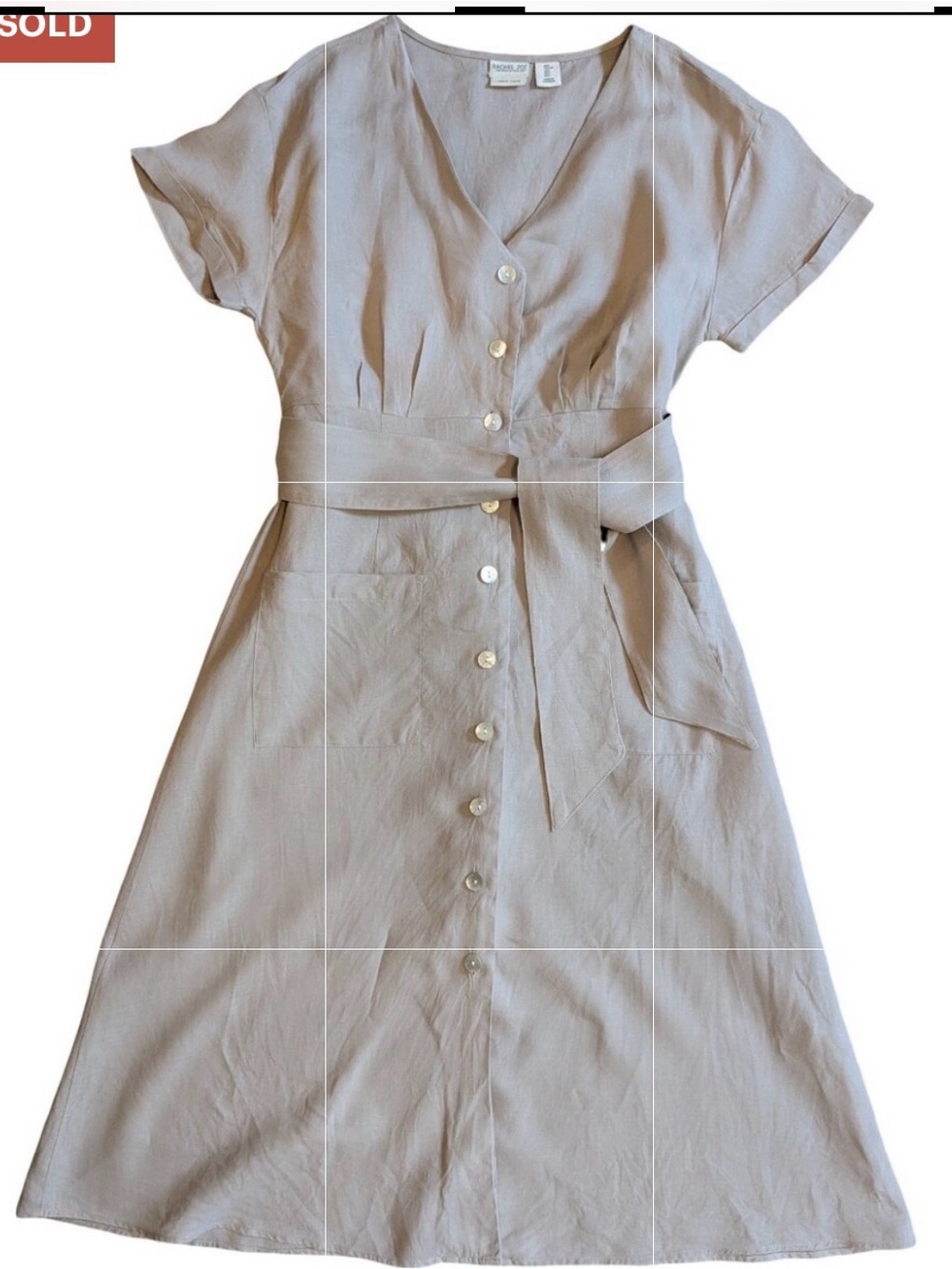 Rachel Zoe 100% Linen Shirt Dress Beige Midi V-neck Cap Sleeve A-Line L